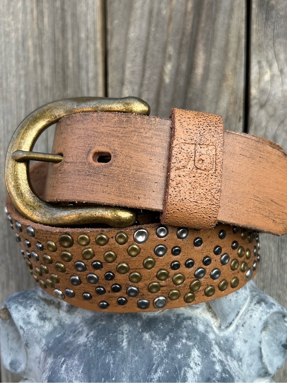 Joe’s Jeans Studded Leather Belt Tan Gold Silver Studs L